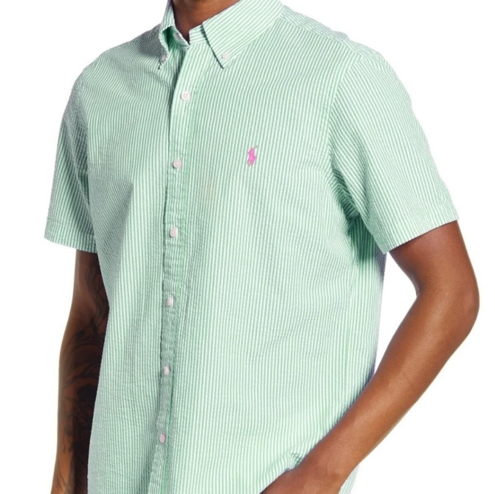 Vintage Ralph Lauren Classic Fit Seersucker Short Sleeve Shirt Mens Size XL